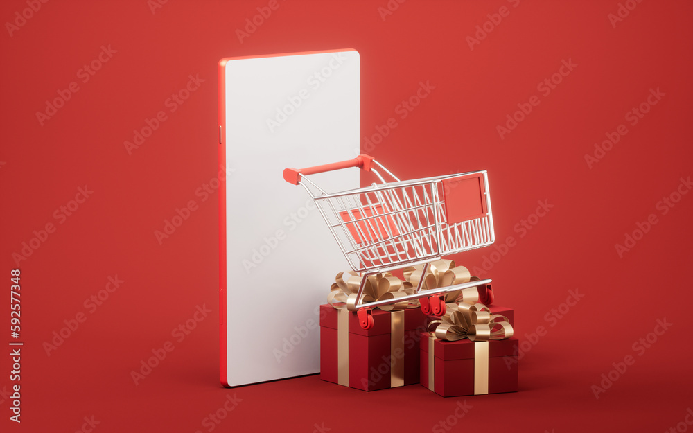 Gift box and shopping cart, 3d rendering.