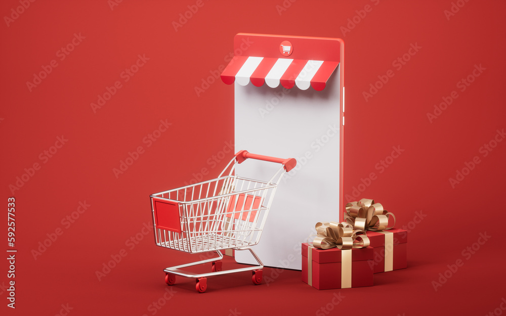 Gift box and shopping cart, 3d rendering.