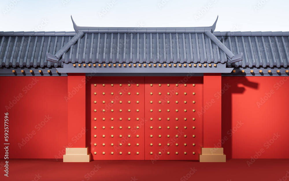 Chinese ancient door, traditional architecture, 3d rendering.