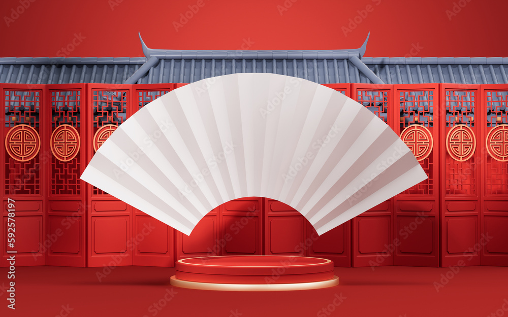 Empty stage with Chinese ancient building, 3d rendering.