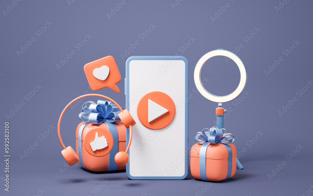 Microphone live streaming and gift boxes, 3d rendering.