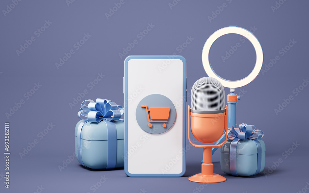 Microphone live streaming and gift boxes, 3d rendering.