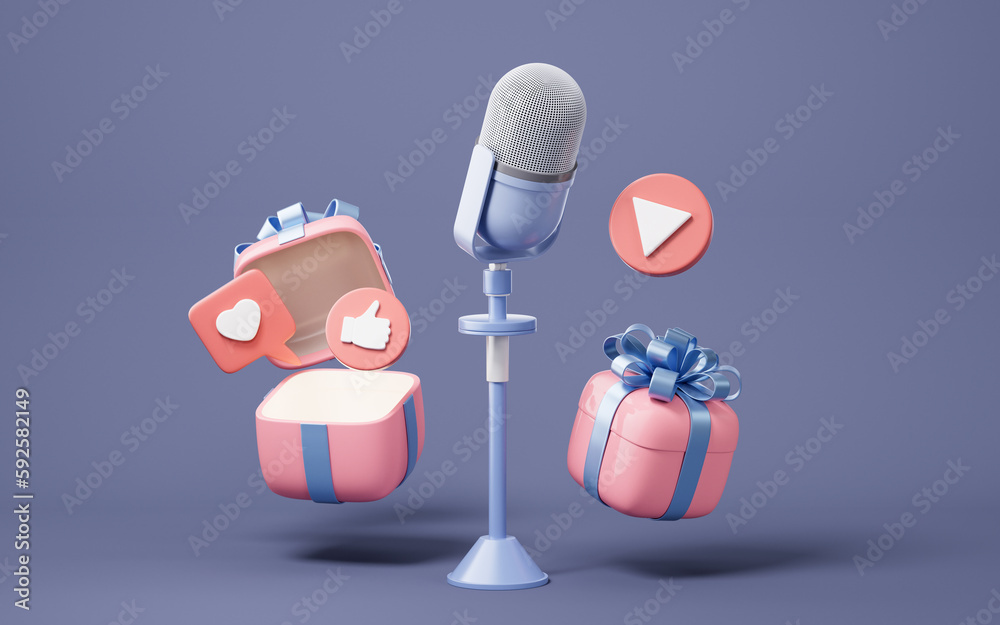 Microphone live streaming and gift boxes, 3d rendering.