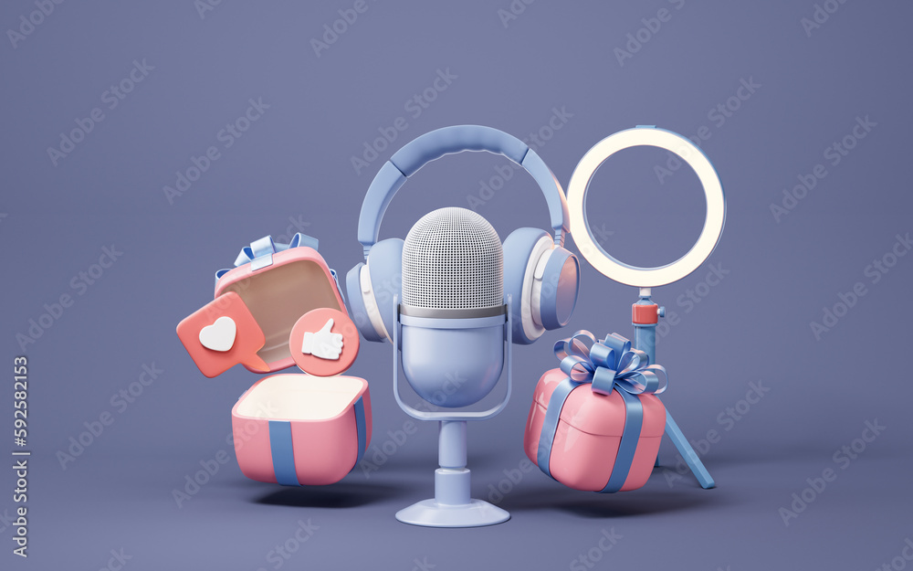 Microphone live streaming and gift boxes, 3d rendering.