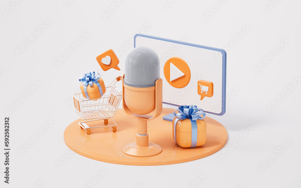 Microphone live streaming and gift boxes, 3d rendering.