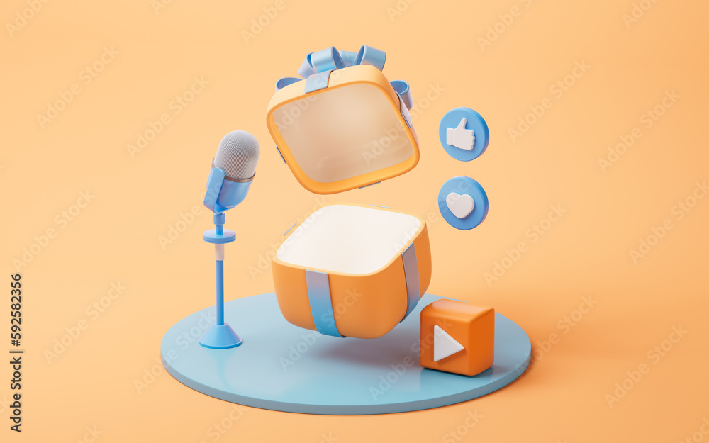 Microphone live streaming and gift boxes, 3d rendering.