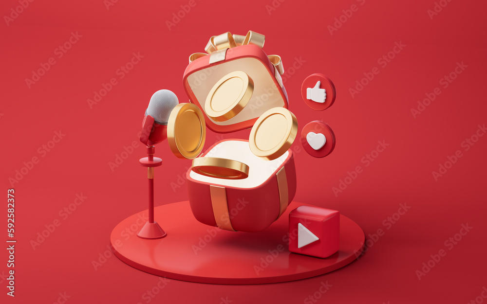 Microphone live streaming and gift boxes, 3d rendering.