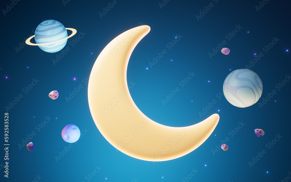 Cartoon style moon in the outer space, 3d rendering.