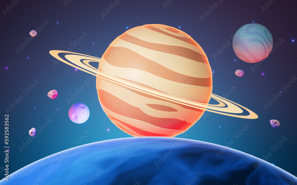 Cartoon style planet in the outer space, 3d rendering.