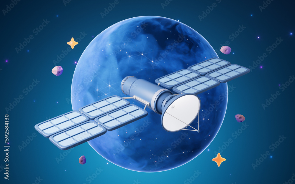 Satellite in outer space with cartoon style, 3d rendering.