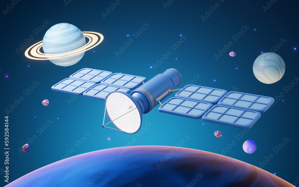 Satellite in outer space with cartoon style, 3d rendering.