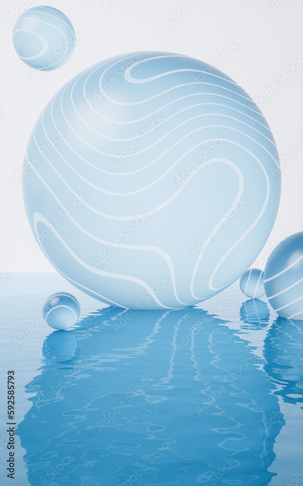 Transparent bubbles with water surface, 3d rendering.