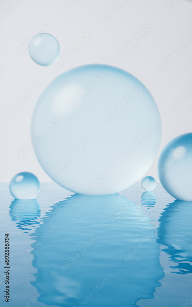 Transparent bubbles with water surface, 3d rendering.