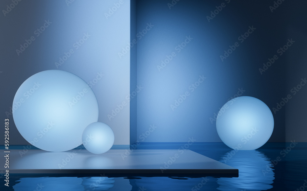 Empty stage with water surface, 3d rendering.