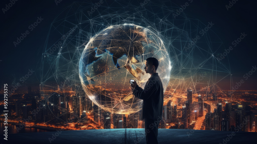 Man hand holds an electronic globe while looking at the city. Illustration AI Generative.