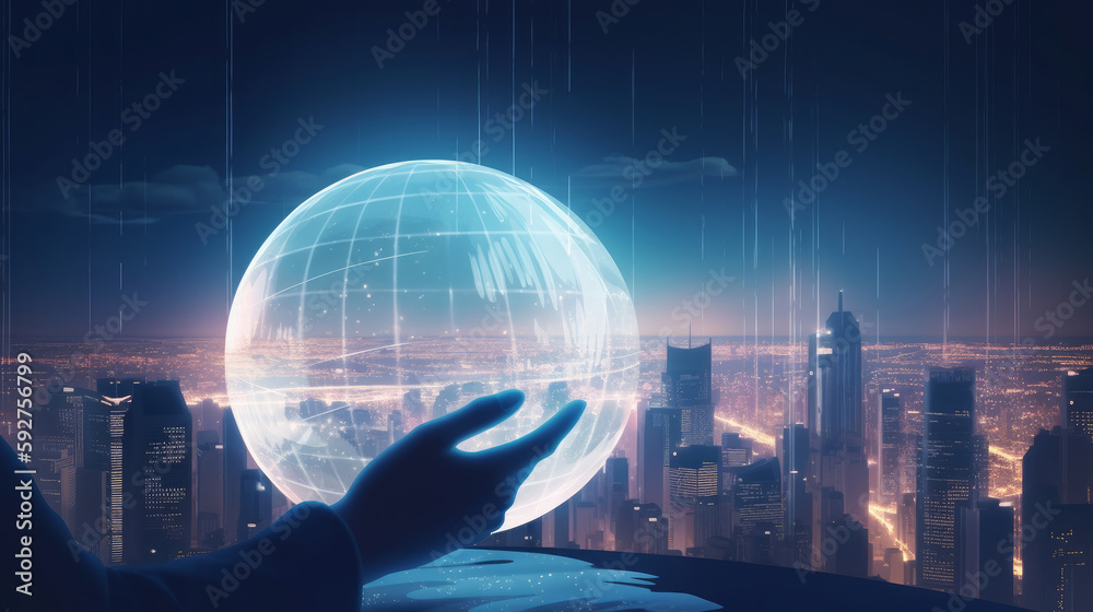 Man hand holds an electronic globe while looking at the city. Illustration AI Generative.