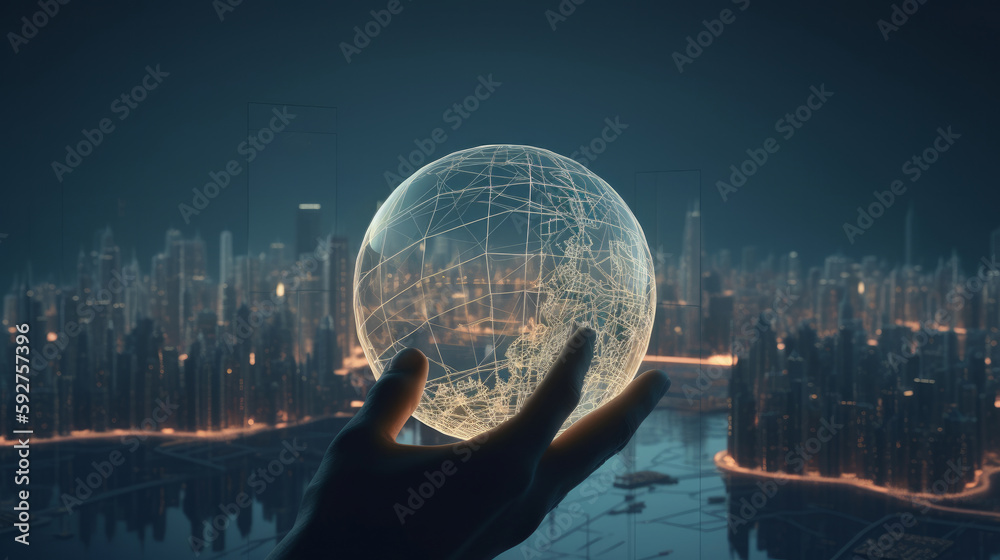 Man hand holds an electronic globe while looking at the city. Illustration AI Generative.