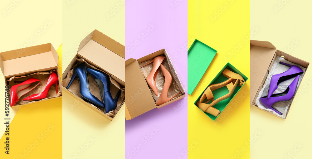 Collage with stylish shoes in boxes on color background, top view