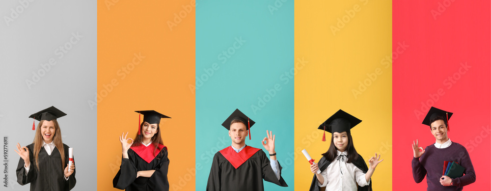 Set of graduating students showing OK on color background