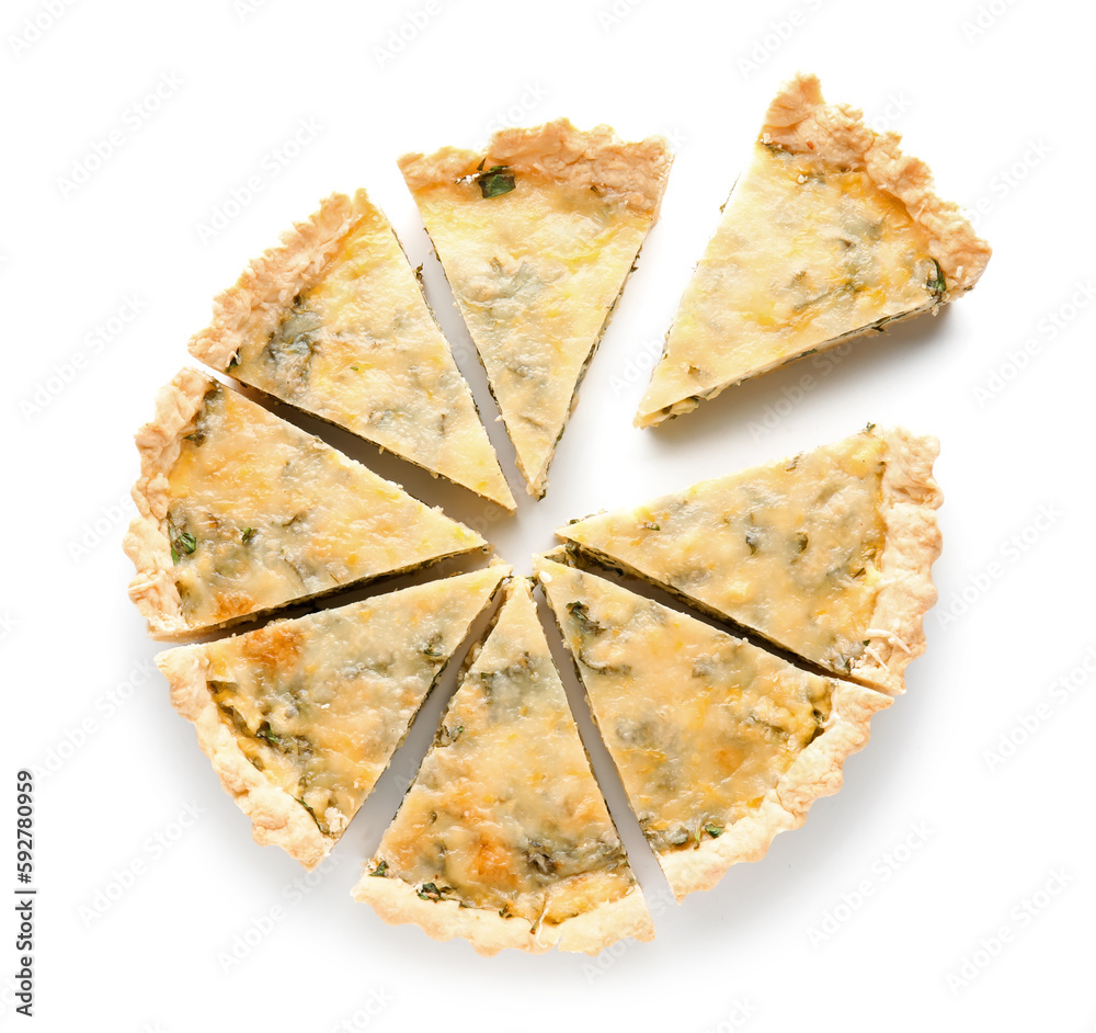 Pieces of delicious quiche isolated on white background