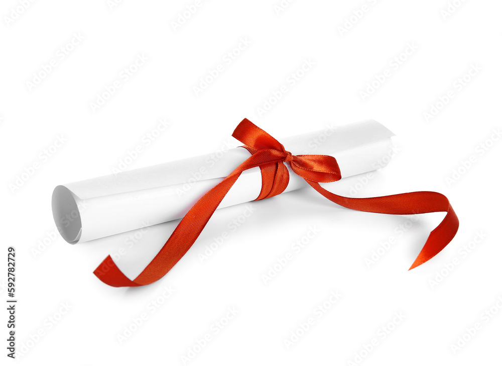 Diploma with red ribbon isolated on white background