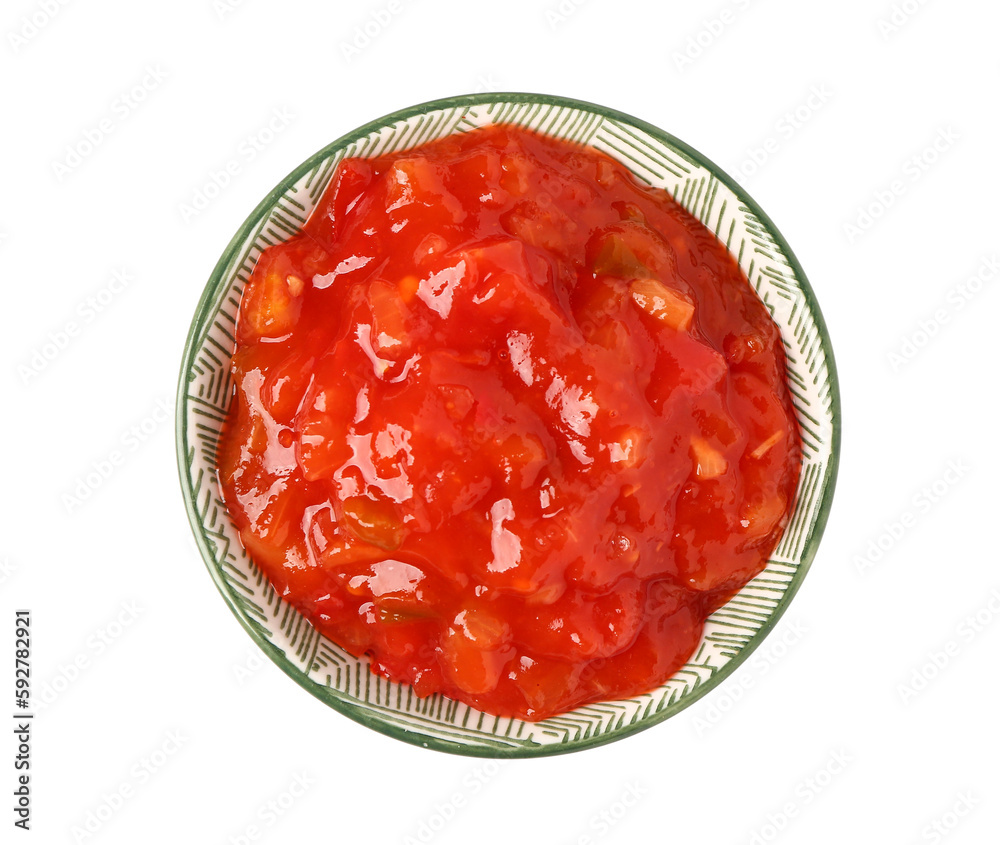 Bowl of delicious salsa sauce isolated on white background