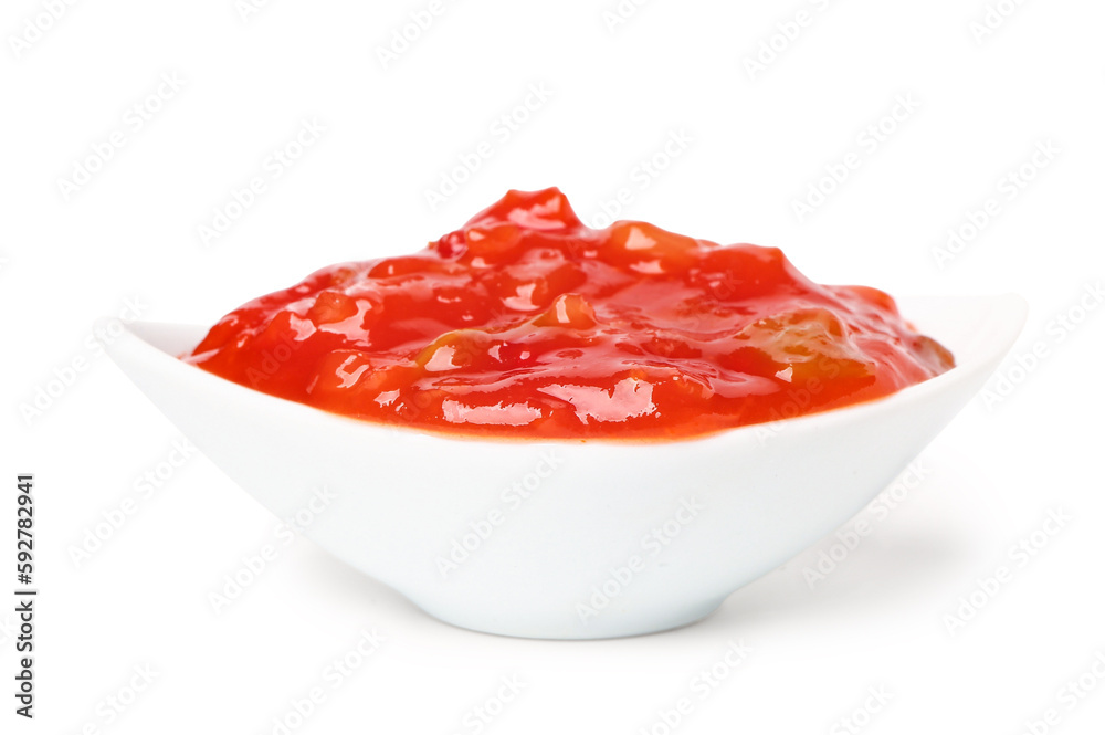 Bowl of delicious salsa sauce isolated on white background