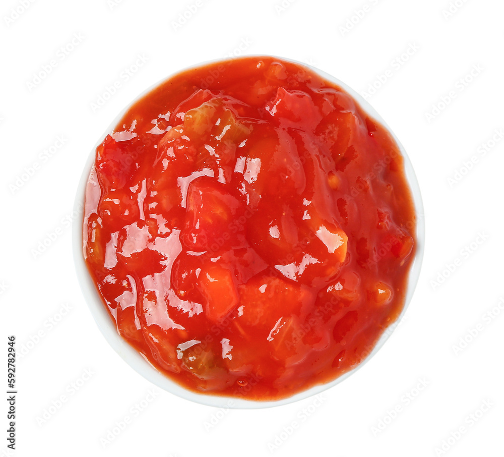 Bowl of delicious salsa sauce isolated on white background