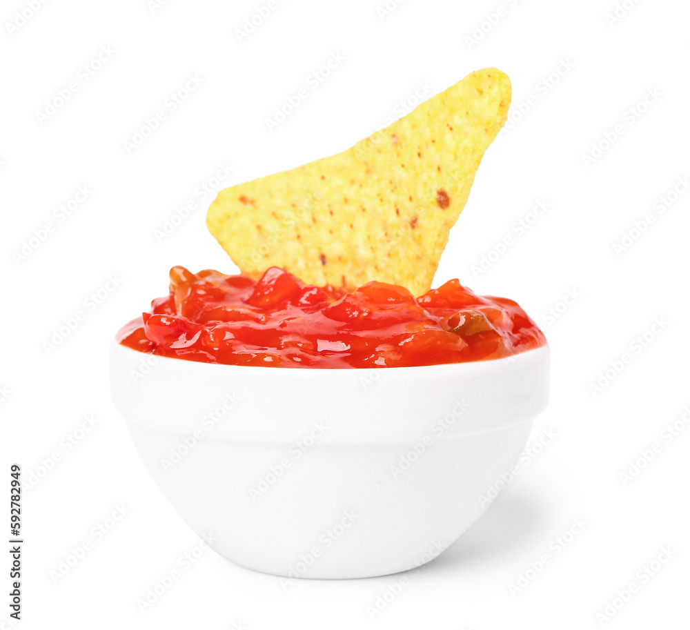 Bowl of delicious salsa sauce with nachos isolated on white background