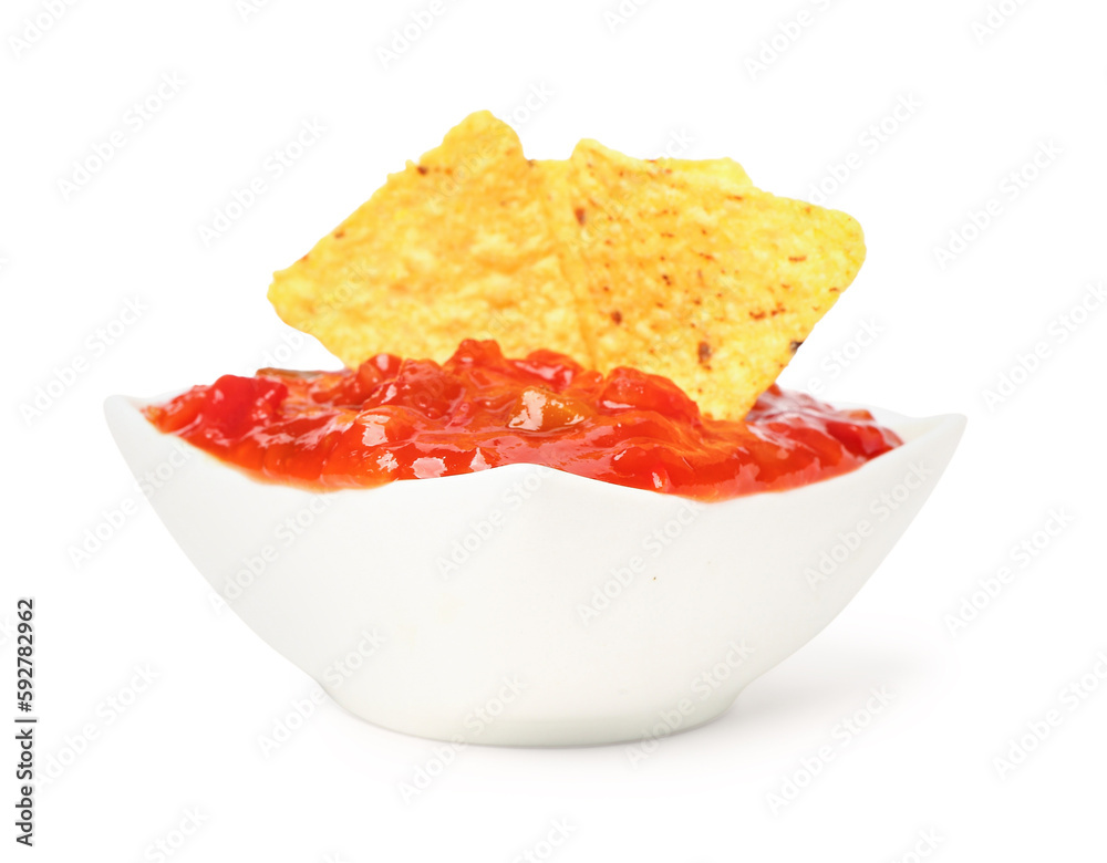 Bowl of delicious salsa sauce with nachos isolated on white background