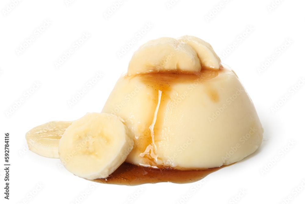 Delicious pudding with bananas covered by caramel syrup isolated on white background