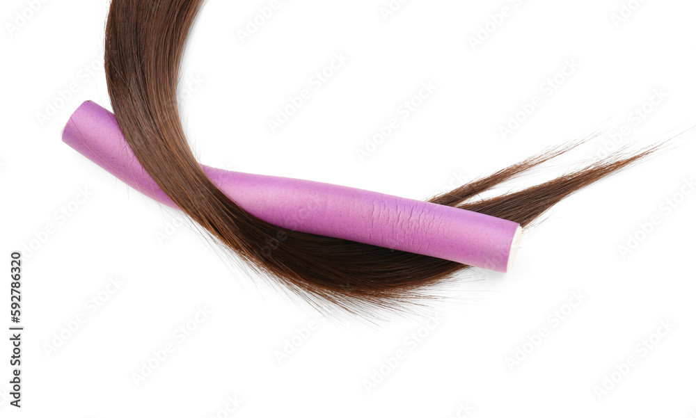 Long brunette hair with curler on white background