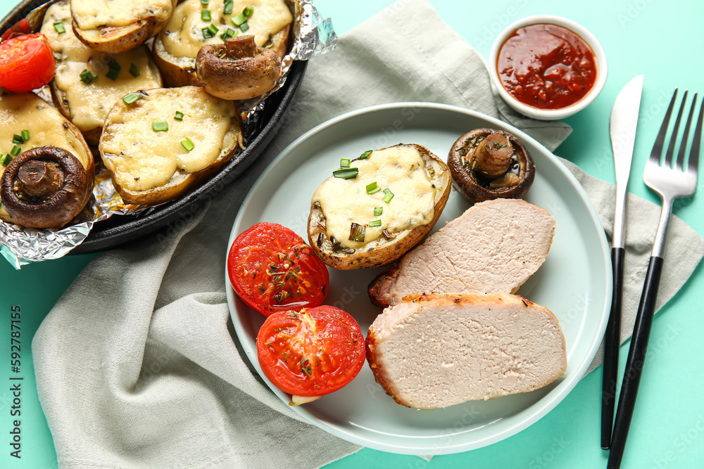 Plate with tasty baked meat, potatoes and vegetables and sauce on color background, closeup