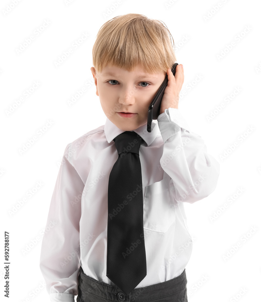 Funny little businessman talking by mobile phone on white background