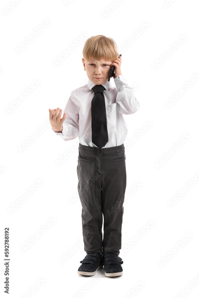 Funny little businessman talking by mobile phone on white background