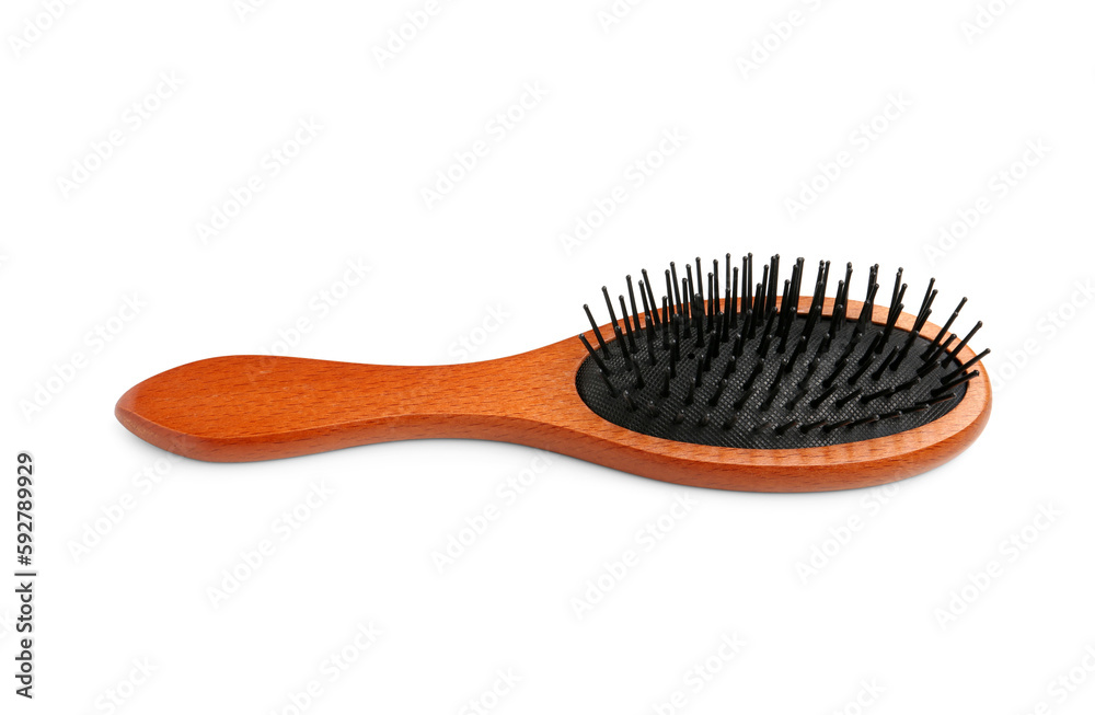 Wooden hair brush on white background