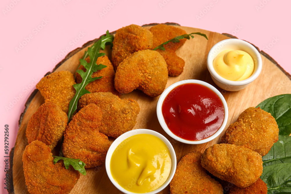 Wooden board with tasty nuggets and different sauces on pink background, closeup