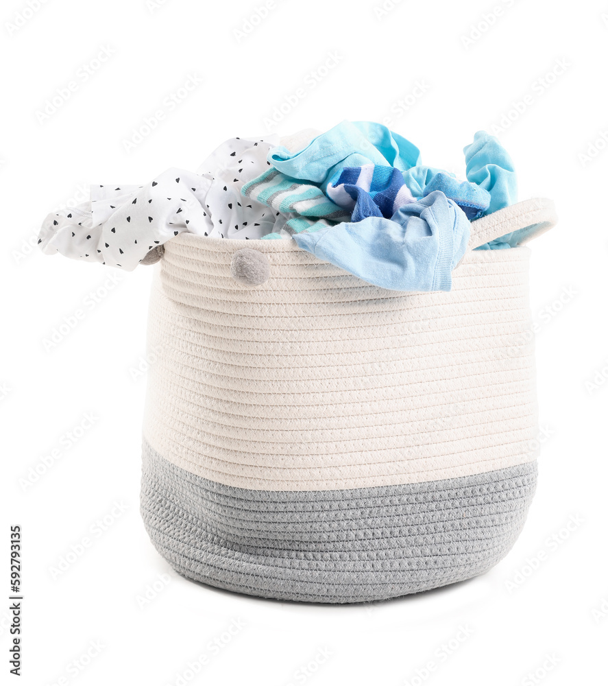 Basket with dirty clothes on white background