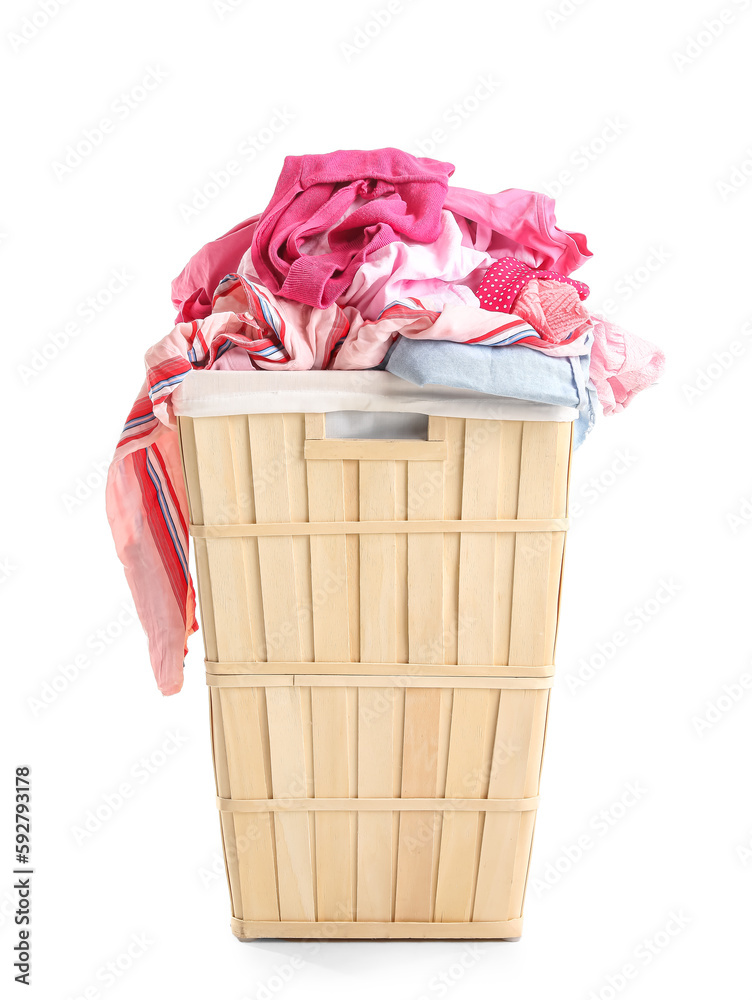 Wooden basket with dirty clothes on white background