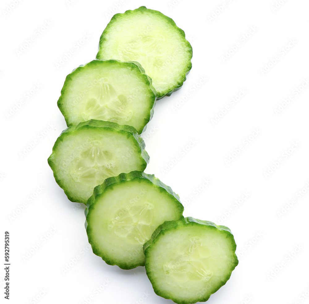 Slices of fresh cucumber isolated on white background