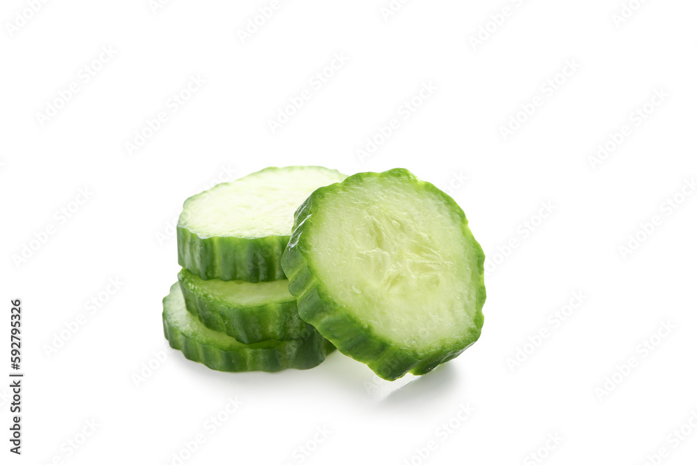 Slices of fresh cucumber isolated on white background