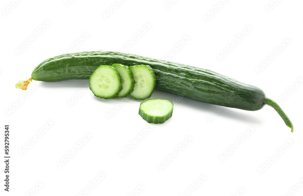 Fresh cucumber and cut slices isolated on white background