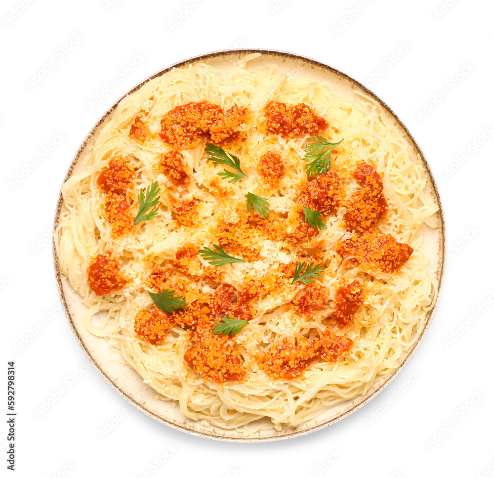 Plate of tasty Italian pasta with Parmesan cheese on white background