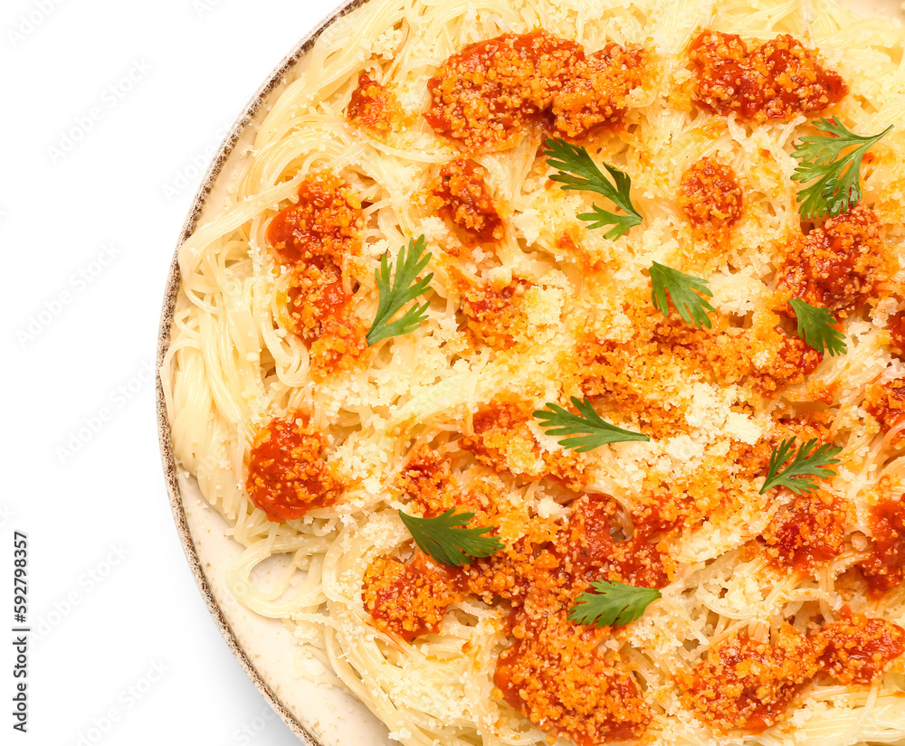 Plate of tasty Italian pasta with Parmesan cheese on white background, closeup