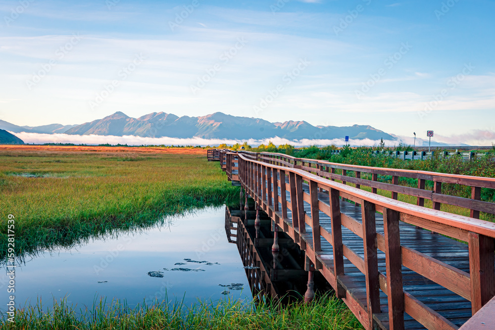 A wooden boardwalk in Potter Marsh Bird Sanctuary, Alaska