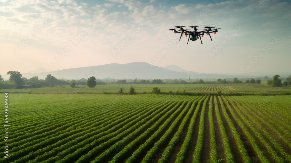 Drone monitoring crops and smart agriculture in a digital farming. Generative AI