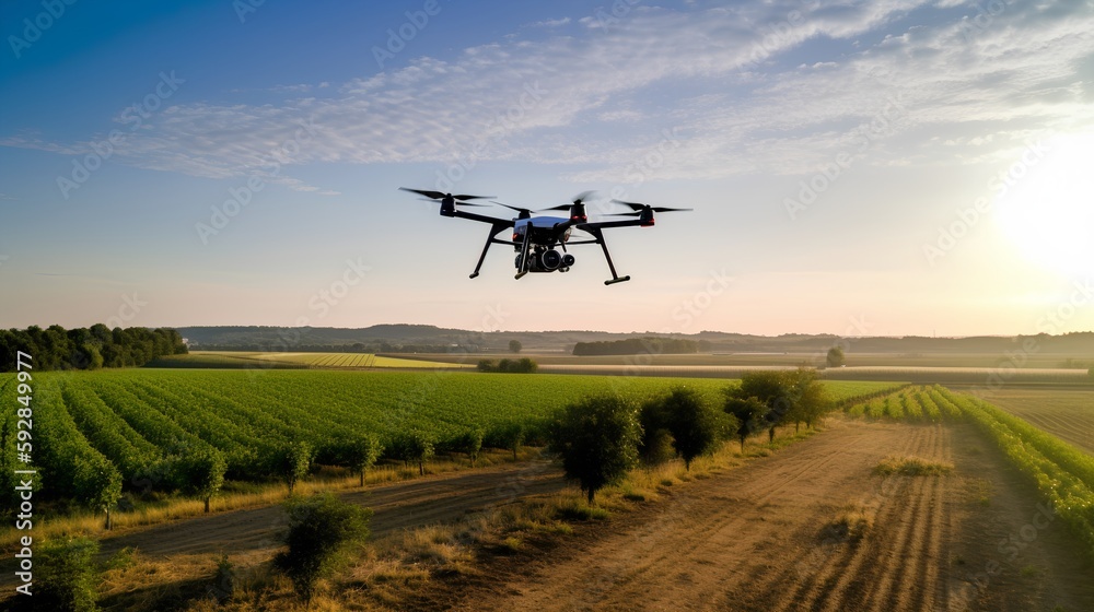 Drone monitoring crops and smart agriculture in a digital farming. Generative AI