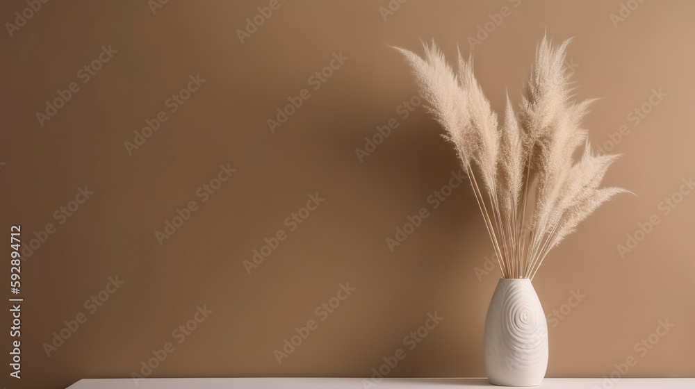 Vase with decorative dry plant branch against beige wall background. Minimalist interior mockup. Gen