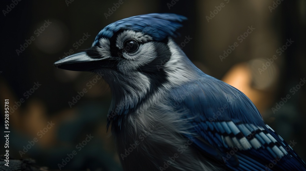 Blue Jay bird closeup with forest background. Generative AI