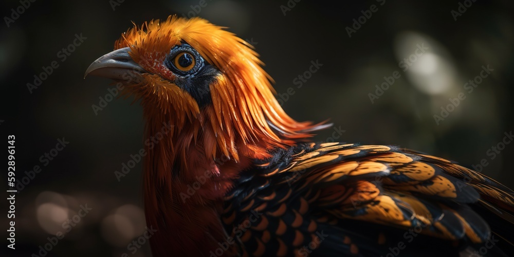 Golden pheasant close up with forest background. Generative AI